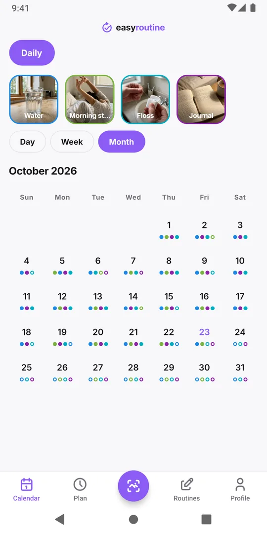 EasyRoutine month view of a Daily routine with colored dots for water, morning stretch, floss and journal on almost every day of the month