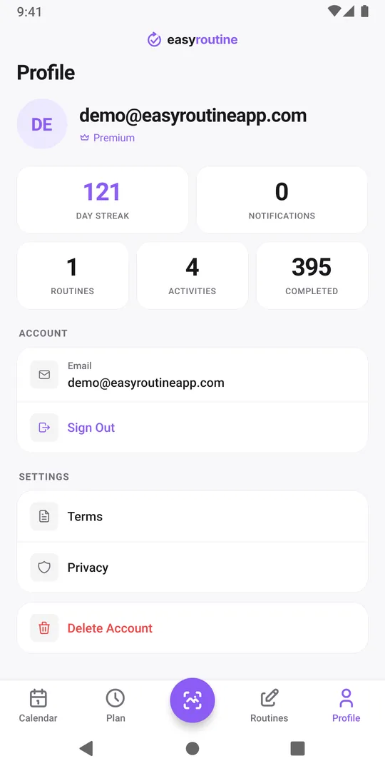 EasyRoutine Profile tab showing the account email at the top and the day streak, routines, activities and completed counts of an account with a long history