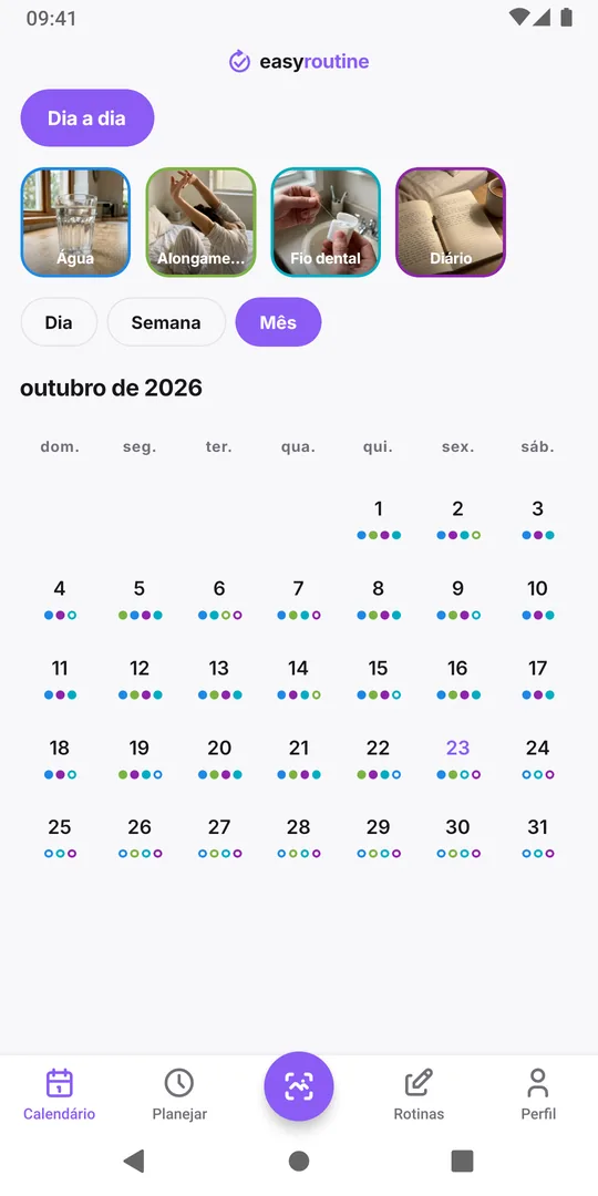 Visão mensal do EasyRoutine de uma rotina Dia a dia com pontos coloridos para água, alongamento, fio dental e diário em quase todos os dias do mês