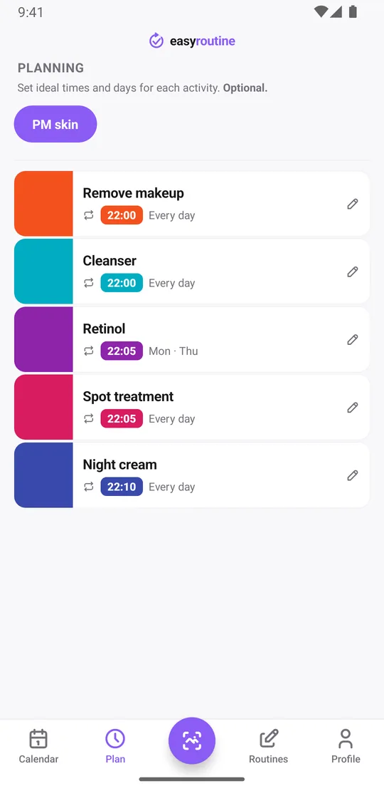 EasyRoutine Plan tab for a PM skin routine: remove makeup and cleanser every day at 22:00, retinol on Monday and Thursday at 22:05, spot treatment every day at 22:05 and night cream every day at 22:10