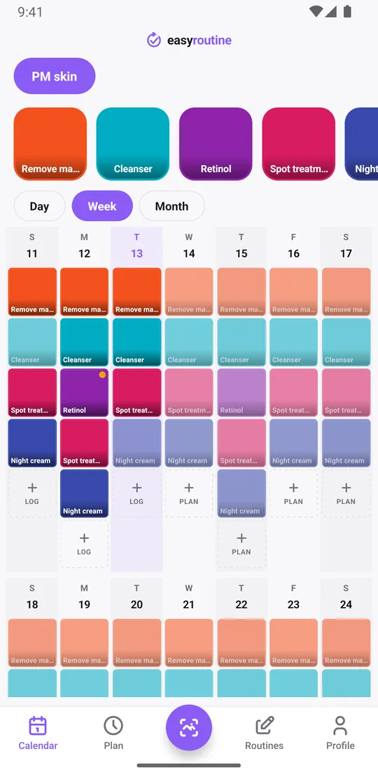 EasyRoutine week view of a PM skin routine with tiles for remove makeup, cleanser and night cream every evening, retinol on two nights, and a spot treatment on most nights