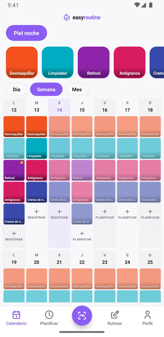 Vista semanal de EasyRoutine de una rutina Piel noche con fichas de desmaquillar, limpiador y crema de noche cada noche, retinol dos noches y un antigranos la mayoría de las noches