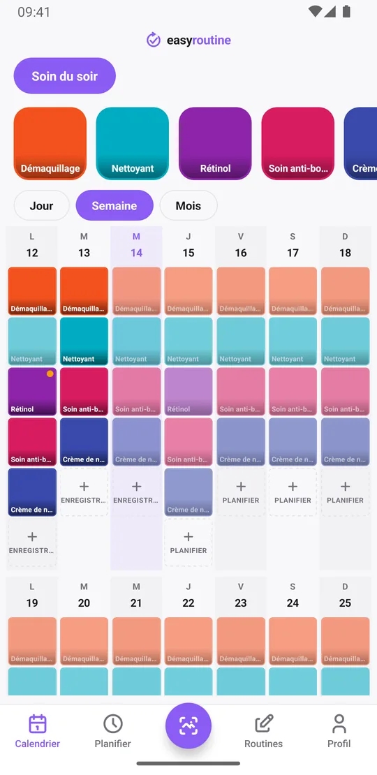 Vue semaine d'EasyRoutine d'une routine Soin du soir avec des tuiles démaquillage, nettoyant et crème de nuit chaque soir, rétinol deux soirs et un soin anti-bouton la plupart des soirs