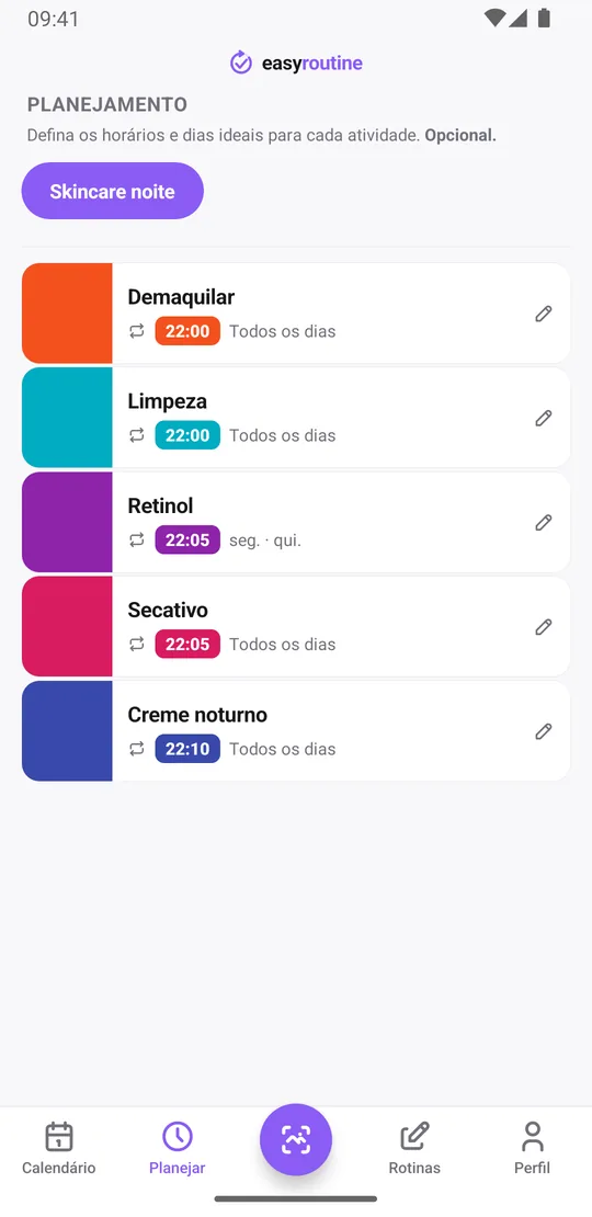 Aba Planejar do EasyRoutine para uma rotina Skincare noite: demaquilar e limpeza todo dia às 22:00, retinol segunda e quinta às 22:05, secativo todo dia às 22:05 e creme noturno todo dia às 22:10
