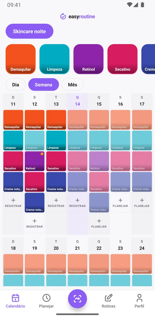 Visão semanal do EasyRoutine de uma rotina Skincare noite com blocos de demaquilar, limpeza e creme noturno toda noite, retinol em duas noites e um secativo na maioria das noites