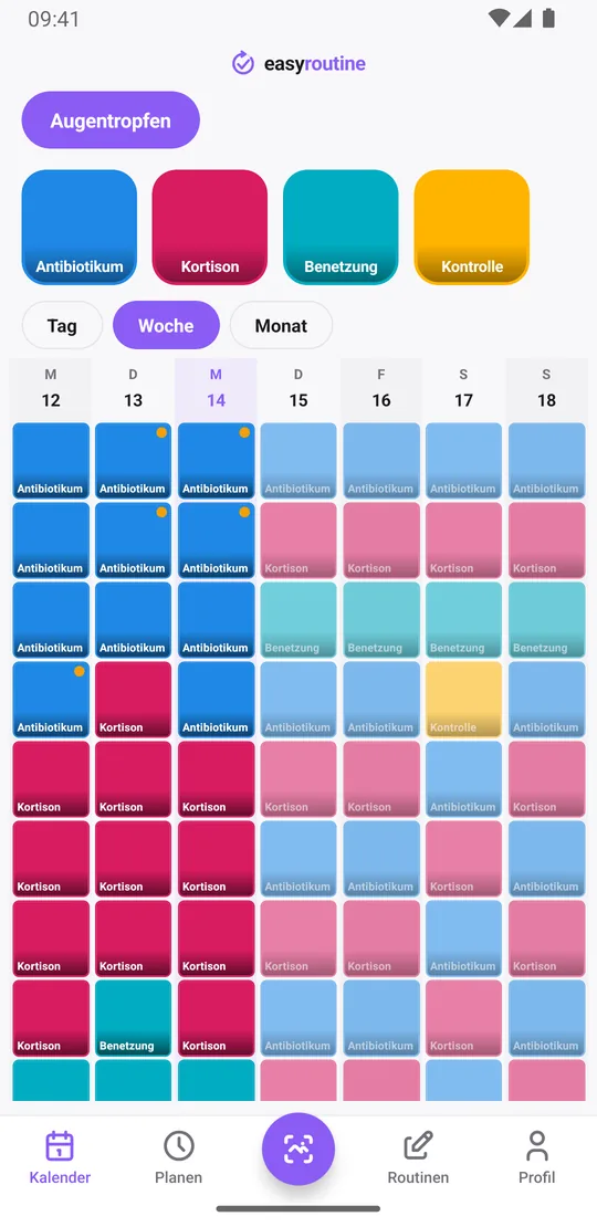 EasyRoutine-Wochenansicht der Routine Augentropfen mit Antibiotikum, Kortison und Benetzung zu ihren Zeiten an jedem Tag und einer Kontrolle später in der Woche