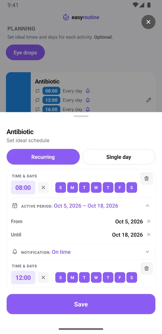 EasyRoutine schedule sheet for the Antibiotic activity with four recurring times every day at 8:00, 12:00, 16:00 and 20:00, each with a start and end date and an on-time reminder