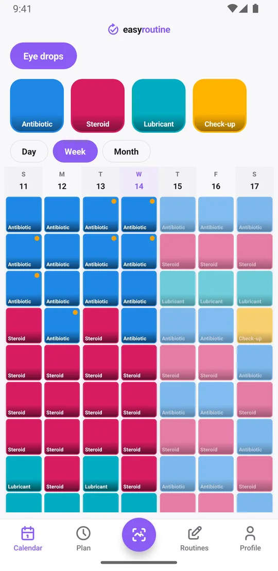 EasyRoutine week view of the Eye drops routine with antibiotic, steroid and lubricant doses at their times each day and a check-up later in the week