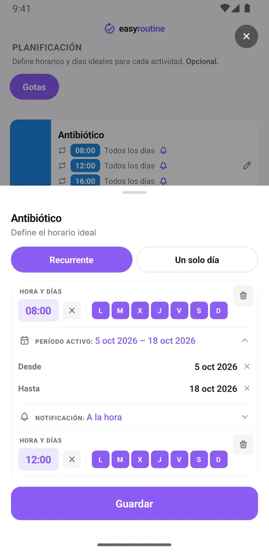 Hoja de horario de EasyRoutine para la actividad Antibiótico con cuatro horas diarias a las 8:00, 12:00, 16:00 y 20:00, cada una con fecha de inicio y fin y un recordatorio a la hora