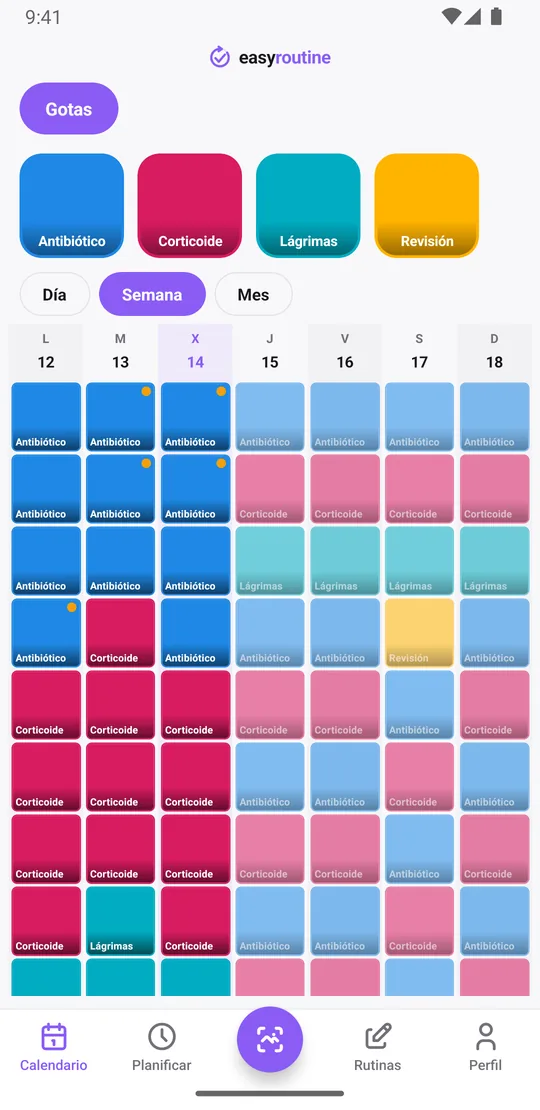 Vista Semana de EasyRoutine de la rutina Gotas con antibiótico, corticoide y lágrimas a sus horas cada día y una revisión más adelante en la semana