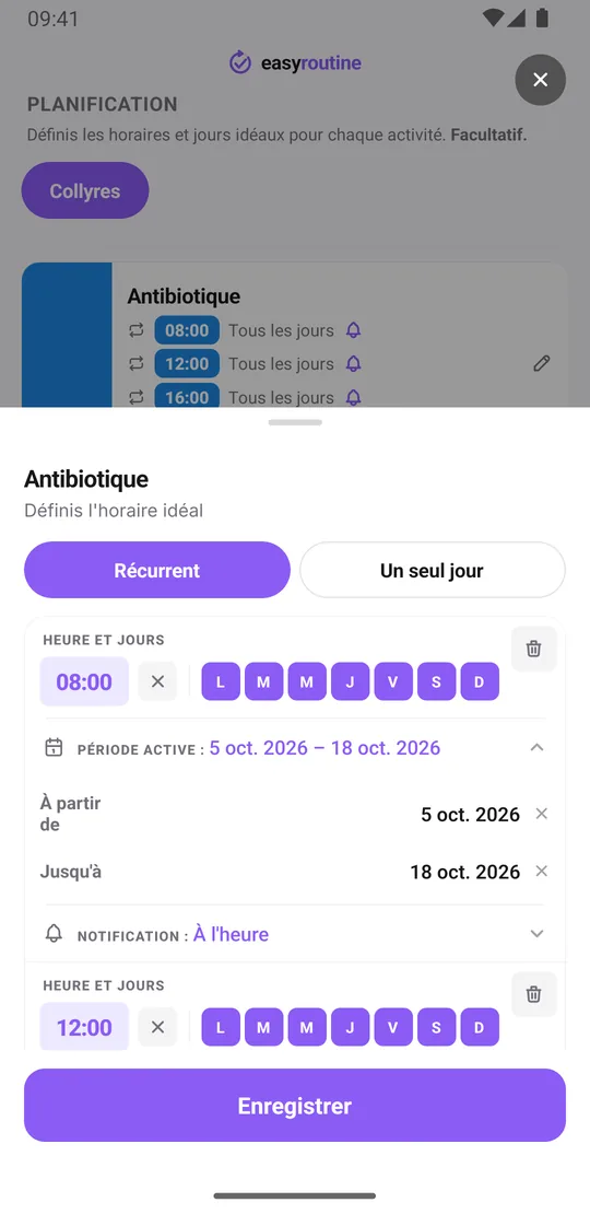 Fiche d'horaires EasyRoutine de l'activité Antibiotique avec quatre horaires quotidiens à 8h, 12h, 16h et 20h, chacun avec une date de début et de fin et un rappel à l'heure