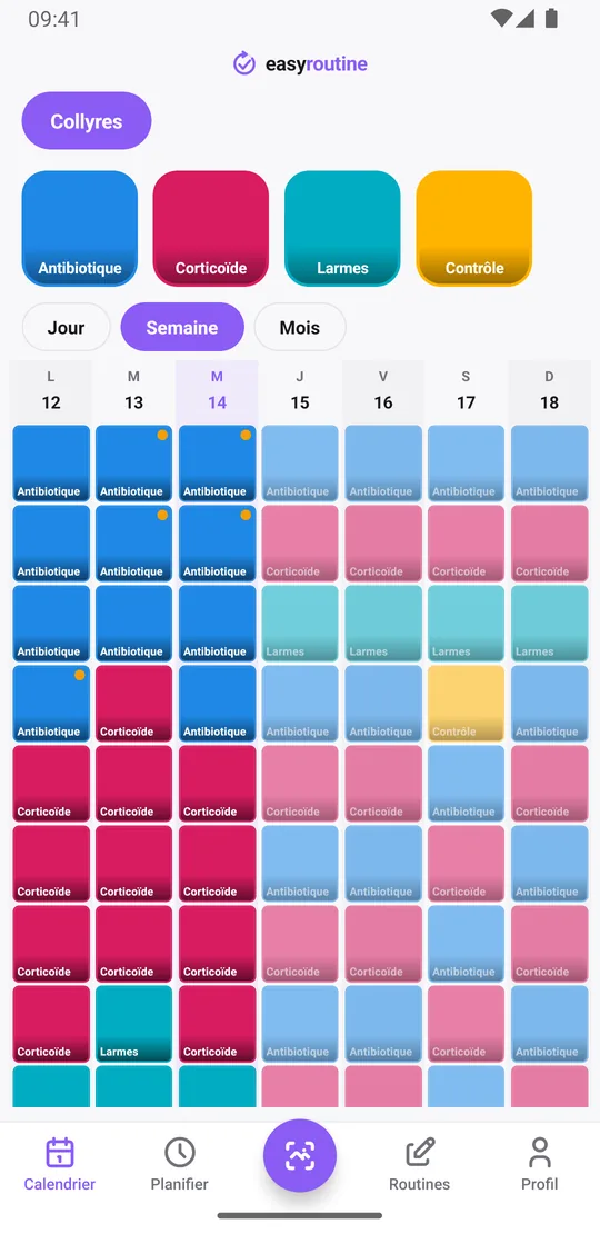 Vue Semaine EasyRoutine de la routine Collyres avec antibiotique, corticoïde et larmes à leurs horaires chaque jour, et un contrôle plus tard dans la semaine