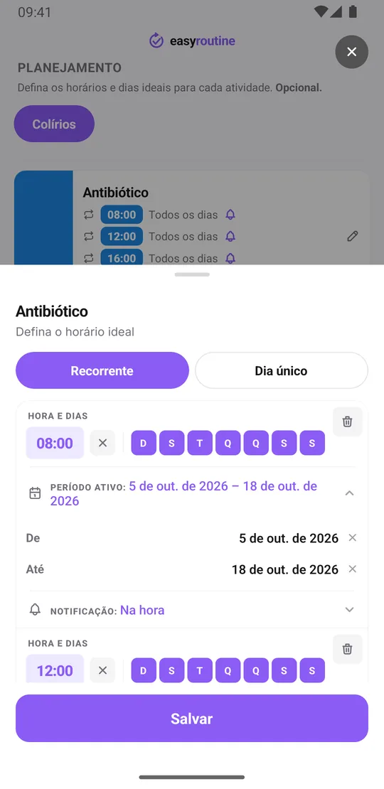 Tela de horários do EasyRoutine da atividade Antibiótico com quatro horários diários às 8:00, 12:00, 16:00 e 20:00, cada um com data de início e término e lembrete na hora