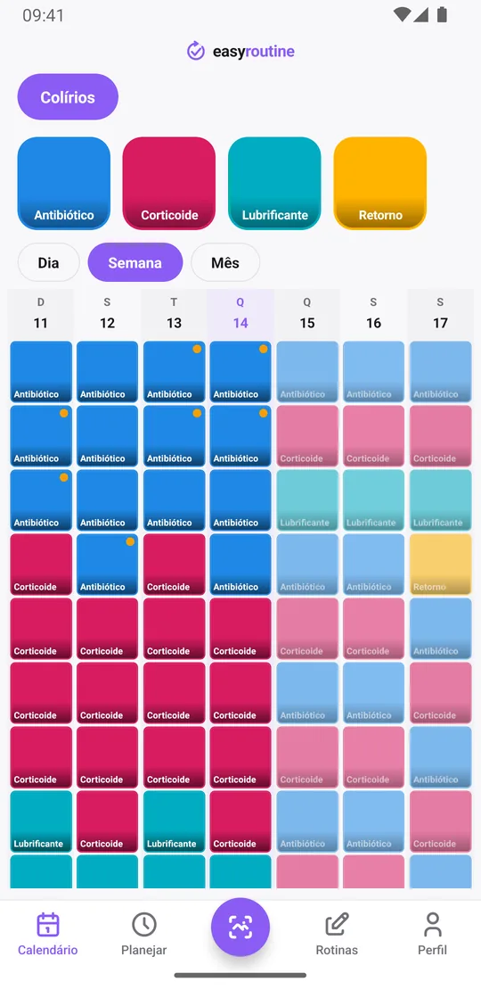 Visão Semana do EasyRoutine da rotina Colírios com antibiótico, corticoide e lubrificante nos seus horários todos os dias e um retorno mais adiante na semana