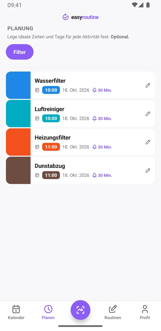 Tab Planen in EasyRoutine mit Wasserfilter und Luftreiniger um 10:00 sowie Heizungsfilter und Dunstabzug um 11:00, jeweils am nächsten einzelnen Wechseltermin mit Glocke 30 Min. vorher
