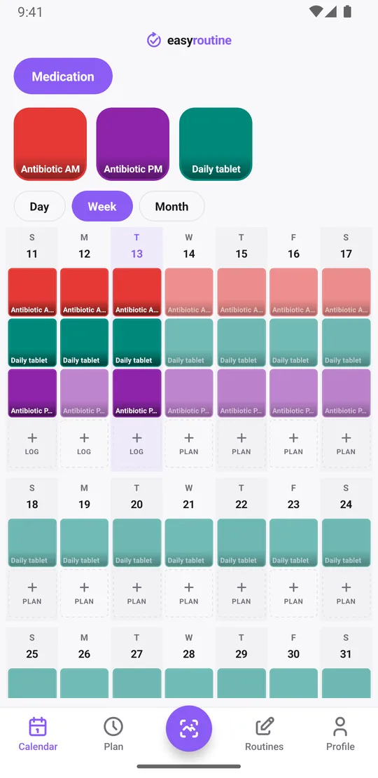 EasyRoutine week view of the Medication routine with colored tiles for logged antibiotic doses and faded entries for doses still planned