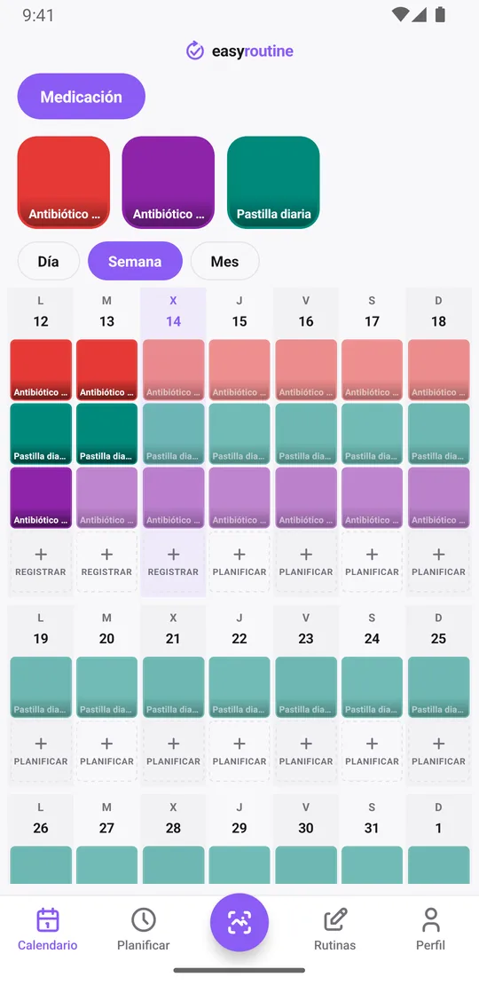 Vista semanal de la rutina Medicación en EasyRoutine con casillas de color para las tomas de antibiótico registradas y entradas atenuadas para las tomas aún planificadas