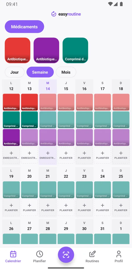 Vue semaine de la routine Médicaments dans EasyRoutine avec des tuiles colorées pour les prises d'antibiotique enregistrées et des entrées estompées pour les prises encore prévues