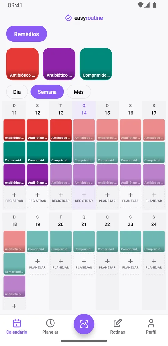 Visão semanal da rotina Remédios no EasyRoutine com quadradinhos coloridos para as doses de antibiótico registradas e entradas esmaecidas para as doses ainda planejadas