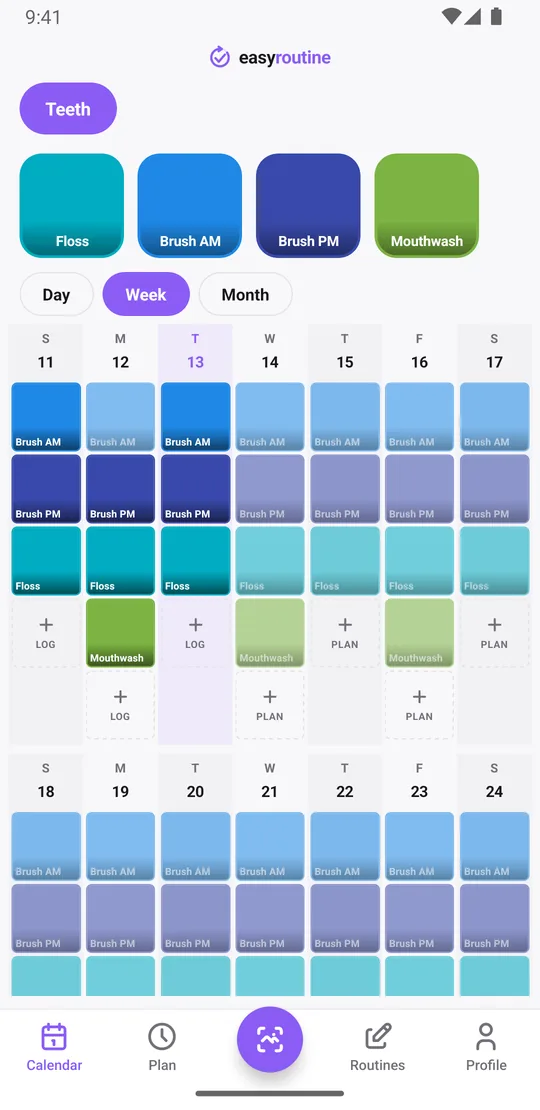 EasyRoutine week view of the Teeth routine with daily tiles for brushing, flossing and mouthwash, and a few nights where the floss tile is missing