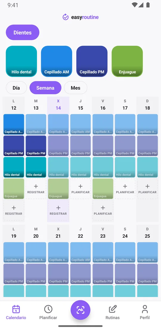 Vista Semana de la rutina Dientes en EasyRoutine con tarjetas diarias de cepillado, hilo dental y enjuague, y algunas noches sin la tarjeta de hilo dental
