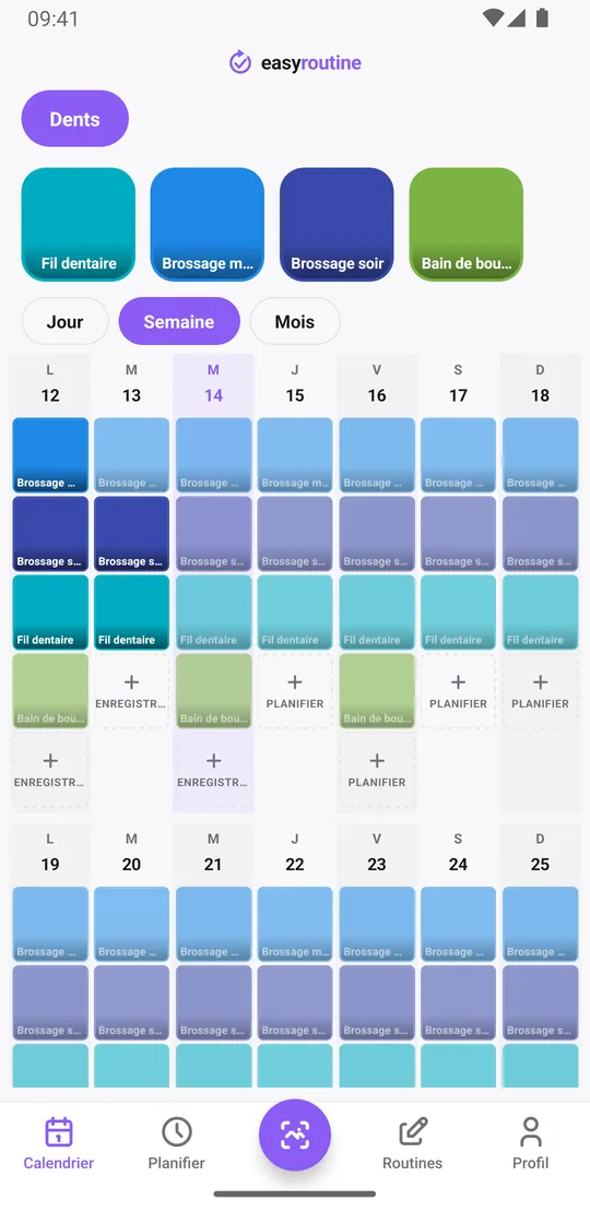 Vue Semaine de la routine Dents dans EasyRoutine avec des tuiles quotidiennes pour le brossage, le fil dentaire et le bain de bouche, et quelques soirs sans tuile de fil dentaire