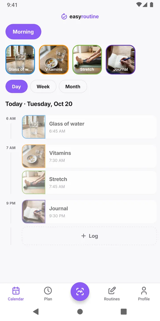 EasyRoutine day view of a Morning routine with logged entries for water, vitamins and stretching on a timeline, and the Log button at the bottom of the day
