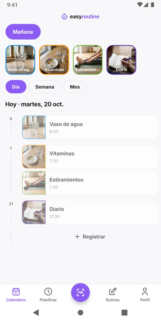 Vista diaria de una rutina de mañana en EasyRoutine con entradas de agua, vitaminas y estiramientos en una línea de tiempo, y el botón Registrar al final del día