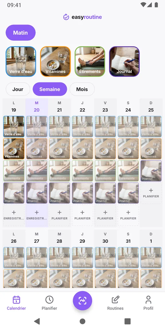 Vue semaine d'une routine du matin dans EasyRoutine avec des entrées la plupart des jours et quelques entrées prévues pâles