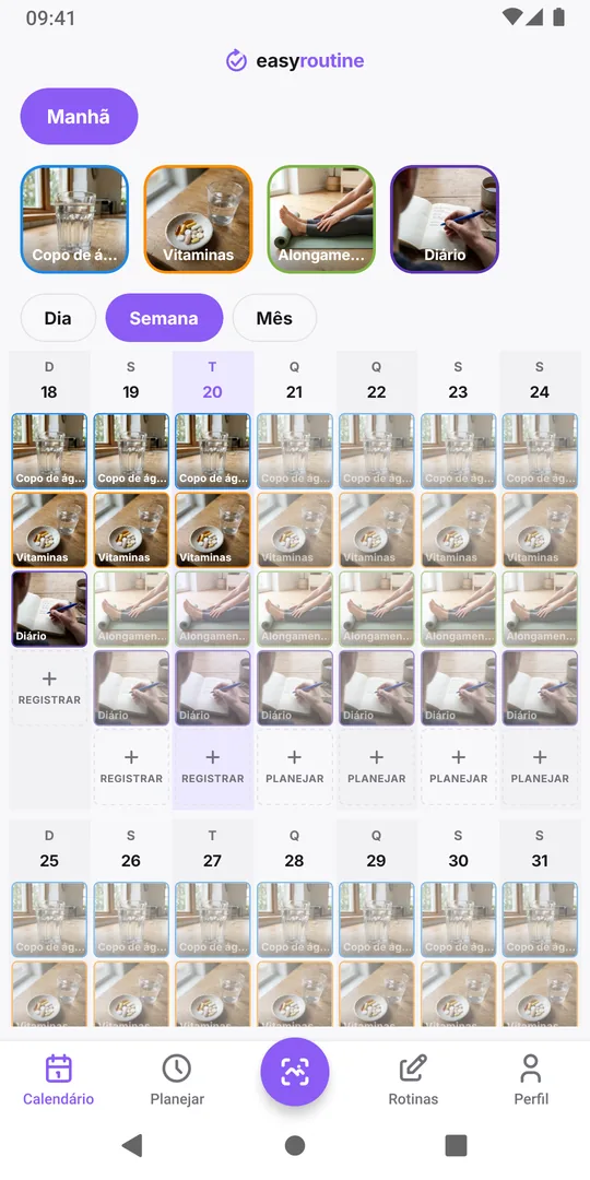Visão semanal de uma rotina da manhã no EasyRoutine com entradas na maioria dos dias e algumas entradas planejadas apagadas