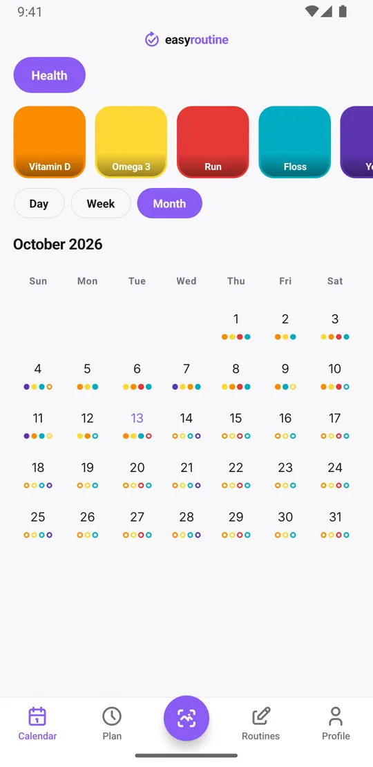 EasyRoutine month view of a Health routine with colored dots across the days for vitamin D, omega 3, runs, flossing and yoga