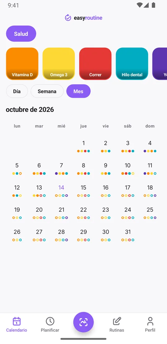 Vista Mes de EasyRoutine de una rutina Salud con puntos de colores a lo largo de los días para vitamina D, omega 3, correr, hilo dental y yoga