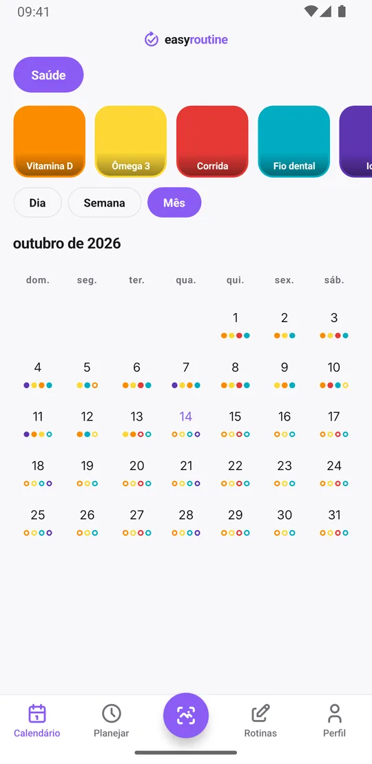 Visualização Mês do EasyRoutine de uma rotina Saúde com pontos coloridos ao longo dos dias para vitamina D, ômega 3, corrida, fio dental e ioga