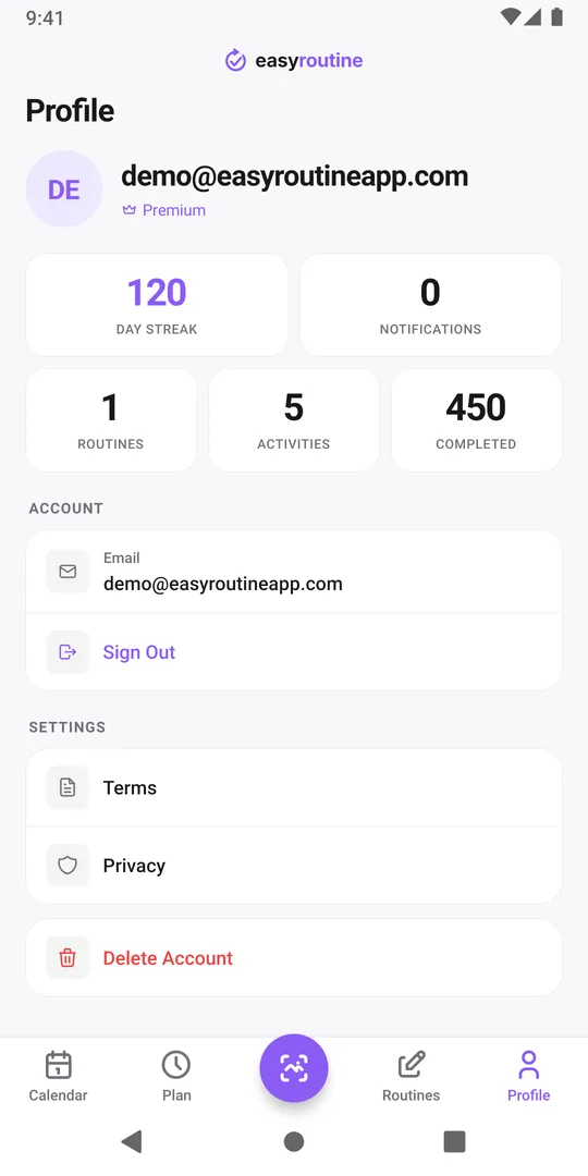 EasyRoutine Profile tab with the Day streak tile and the totals for routines, activities and completed logs