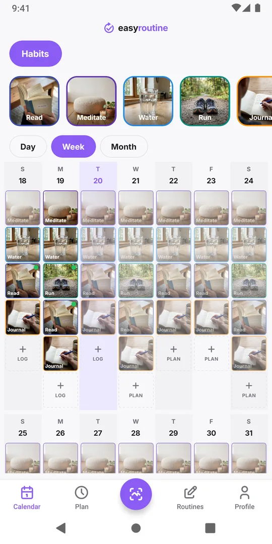 EasyRoutine week view of a Habits routine with colored tiles for each logged habit on each day