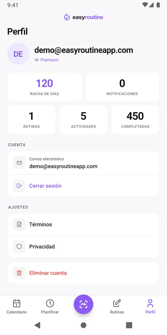 Pestaña Perfil de EasyRoutine con la ficha Racha de días y los totales de rutinas, actividades y registros completados
