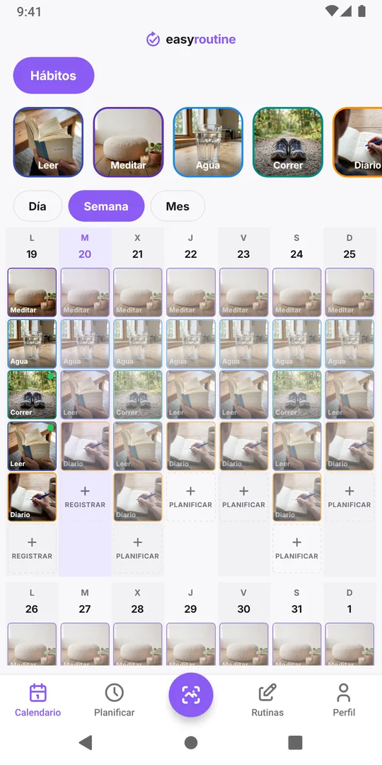 Vista semanal de EasyRoutine de una rutina Hábitos con fichas de color para cada hábito registrado en cada día