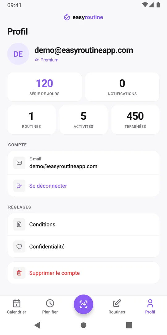 Onglet Profil d'EasyRoutine avec la tuile Série de jours et les totaux de routines, d'activités et d'enregistrements terminés