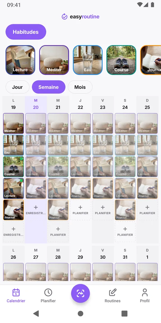 Vue semaine d'EasyRoutine d'une routine Habitudes avec des tuiles de couleur pour chaque habitude enregistrée chaque jour