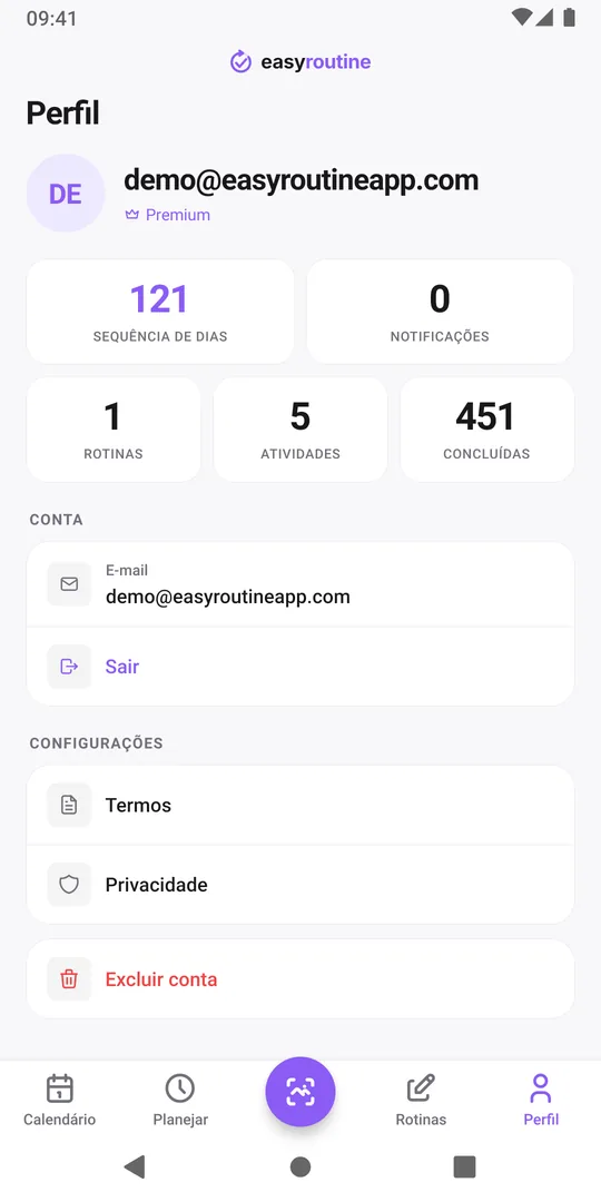 Aba Perfil do EasyRoutine com o bloco Sequência de dias e os totais de rotinas, atividades e registros concluídos