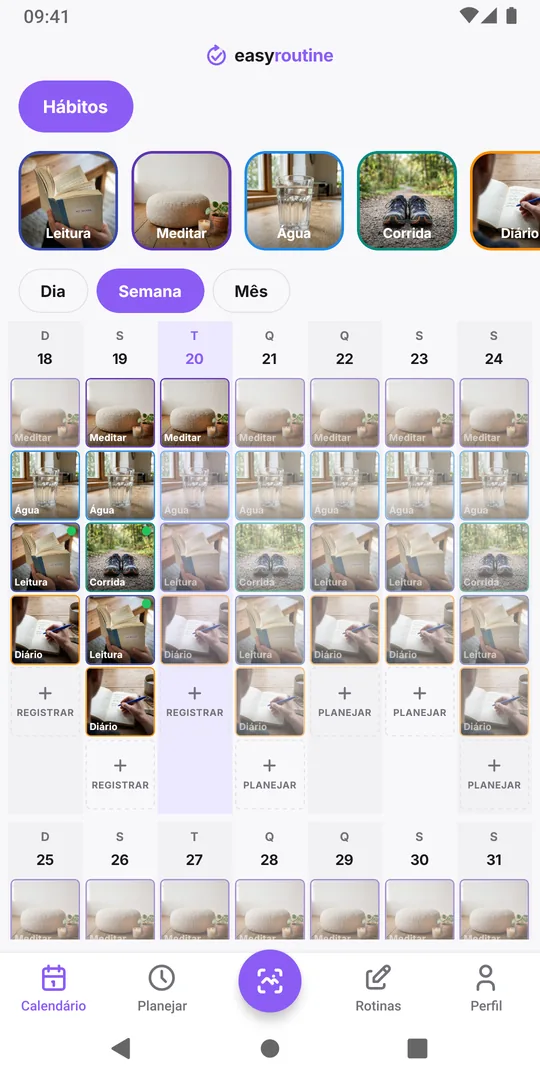 Visão semanal do EasyRoutine de uma rotina Hábitos com blocos coloridos para cada hábito registrado em cada dia