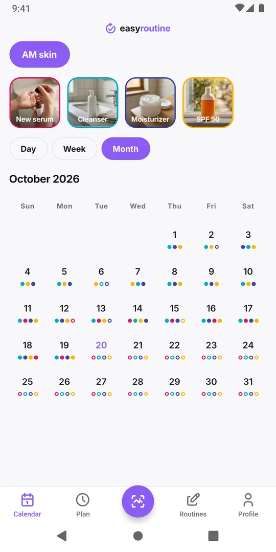 EasyRoutine month view where a new pink dot for the new serum appears in the second half of the month next to the daily cleanser, moisturizer and SPF dots