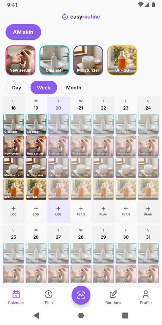 EasyRoutine week view of an AM skin routine with cleanser, moisturizer and SPF 50 every morning, and a new serum logged on the recent days with amber flags