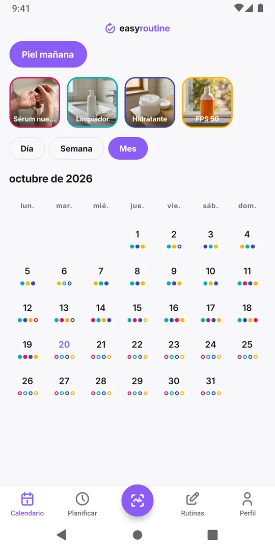 Vista mensual de EasyRoutine en la que aparece un punto rosa nuevo para el sérum nuevo en la segunda mitad del mes, junto a los puntos diarios del limpiador, la hidratante y el FPS