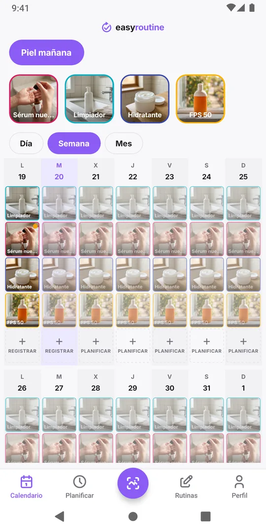 Vista semanal de EasyRoutine de una rutina Piel mañana con limpiador, hidratante y FPS 50 cada mañana, y un sérum nuevo registrado los últimos días con marcas ámbar