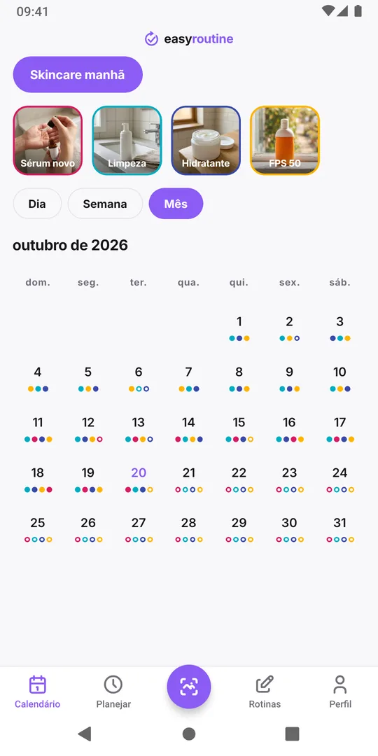 Visualização mensal do EasyRoutine em que um novo ponto rosa do sérum novo aparece na segunda metade do mês ao lado dos pontos diários de limpeza, hidratante e FPS