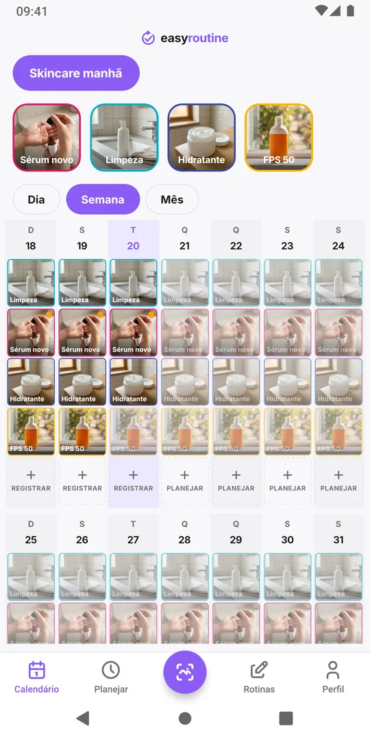 Visualização semanal do EasyRoutine de uma rotina Skincare manhã com limpeza, hidratante e FPS 50 todas as manhãs, e um sérum novo registrado nos últimos dias com marcações amarelas