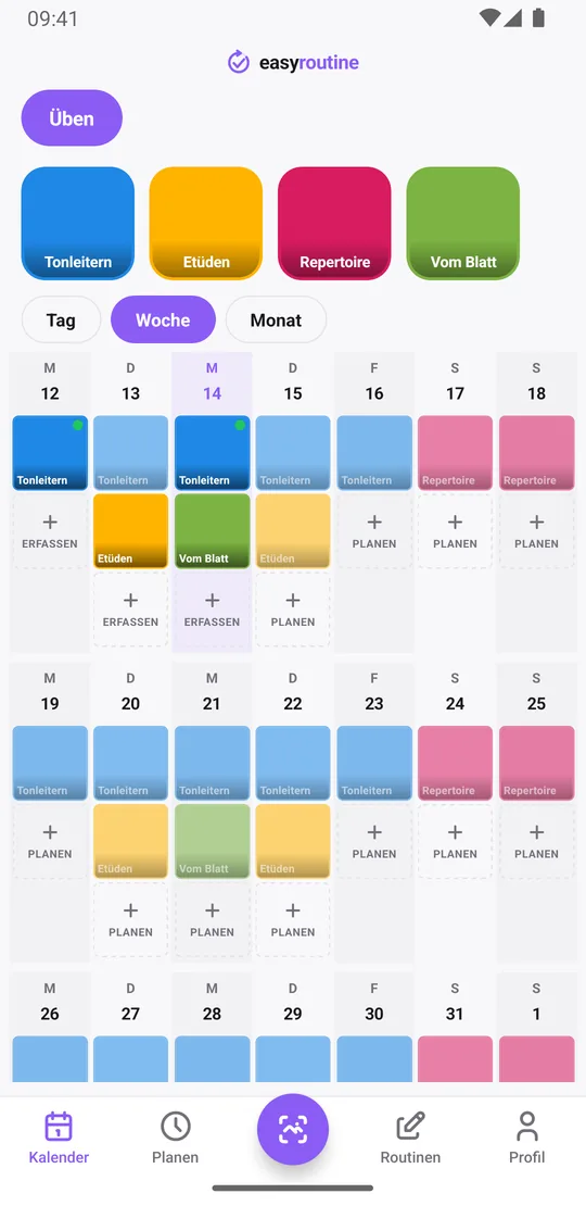 EasyRoutine Wochenansicht einer Routine Üben mit erfassten Tonleitern, Etüden und Repertoire an den meisten Tagen