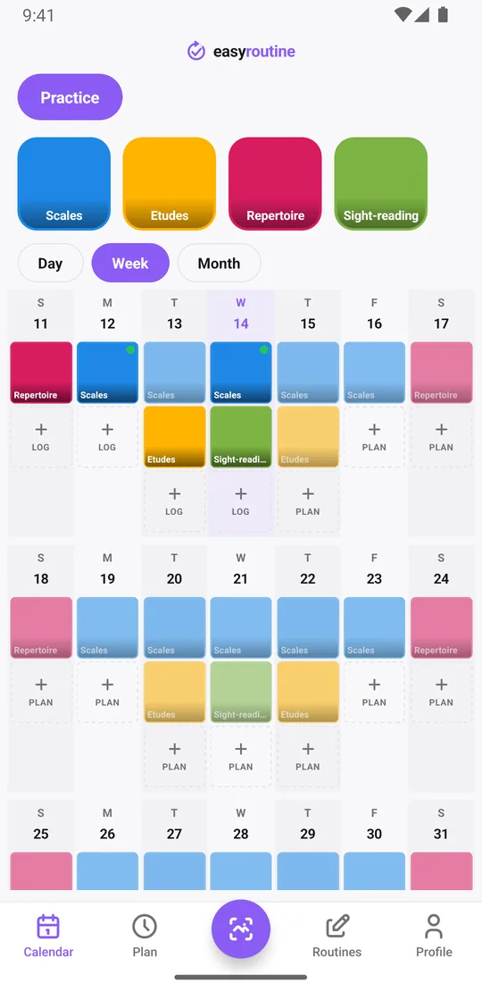 EasyRoutine week view of a Practice routine with logged scales, etudes and repertoire sessions on most days