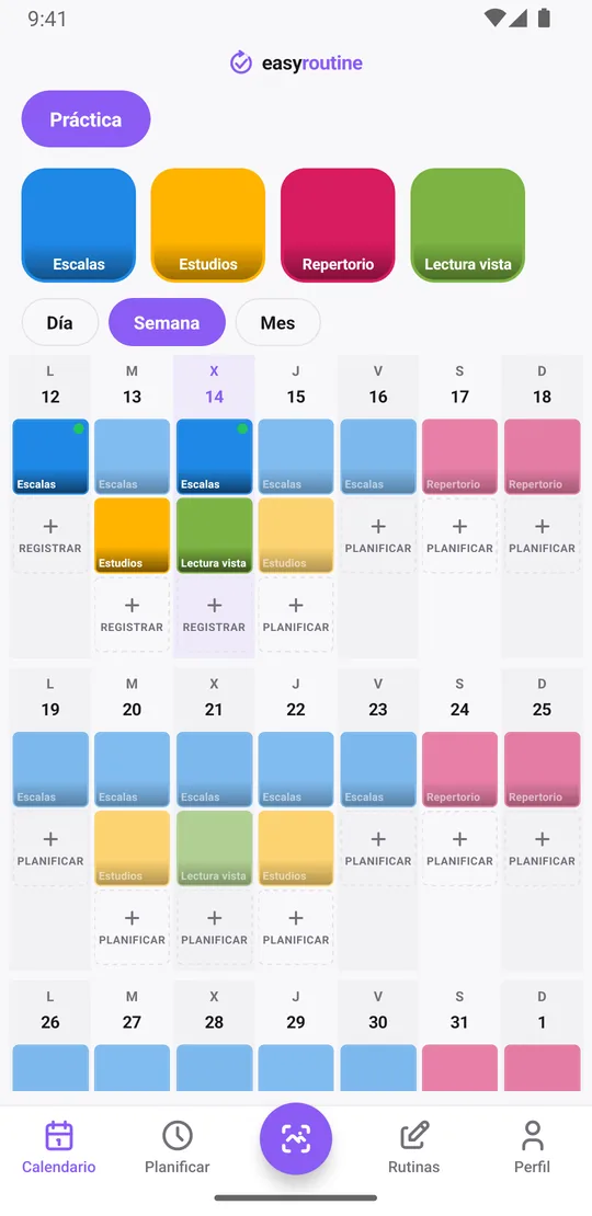 Vista Semana de EasyRoutine de una rutina Práctica con sesiones de escalas, estudios y repertorio registradas la mayoría de los días
